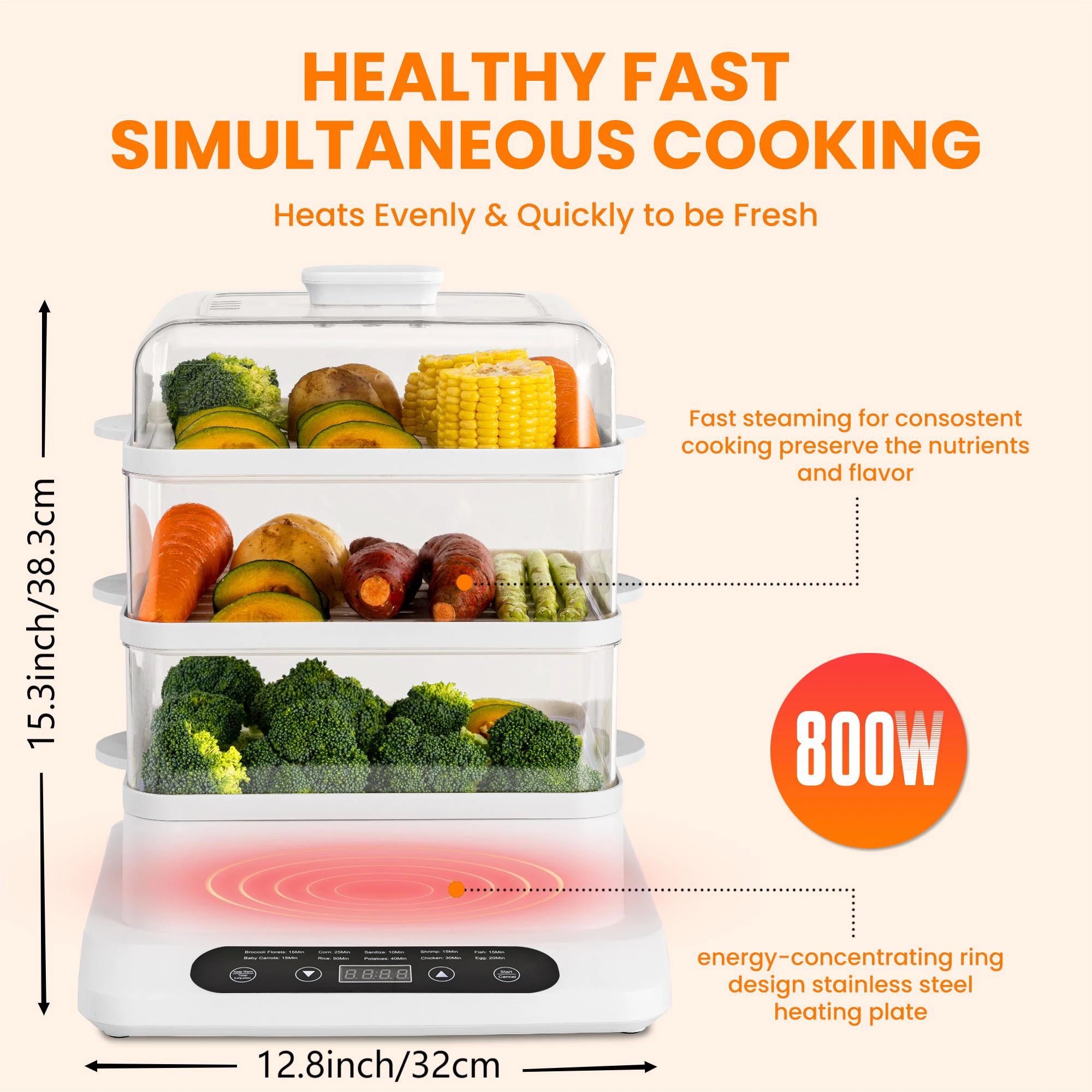 Food Steamer 3 Tier 16QT Electric Vegetable Steamer with Keep Warm and Timer Multifunctional Digital Steamer (800W)