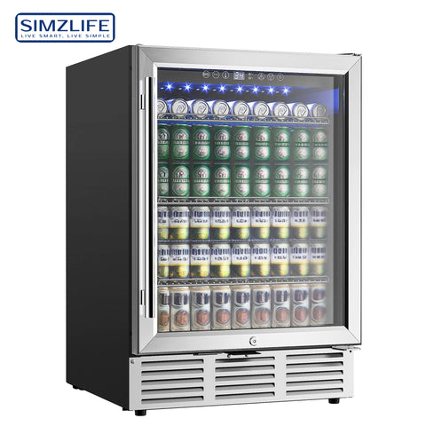 SIMZLIFE 24Inch Beverage Refrigerator 180 Can Beverage Cooler Under Counter Beer Fridge with Glass Door For Kitchen Bar Office