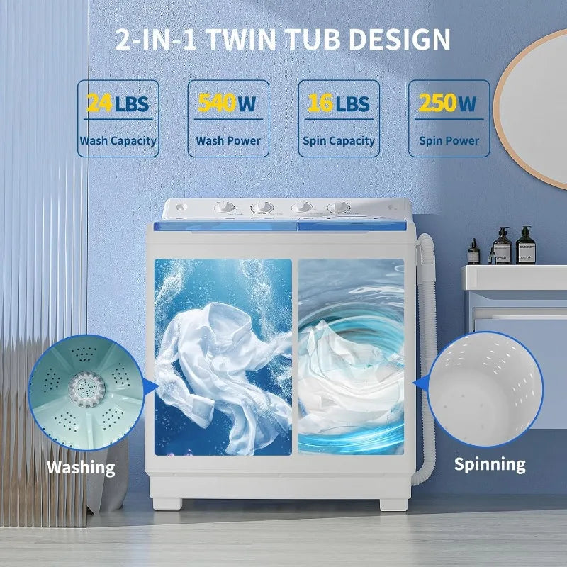 Zynkez Portable Washing Machine, 40Lbs Compact Washing machine, Twin Tub Laundry Washer Machine, Semi-Automatic 24Lbs Washer