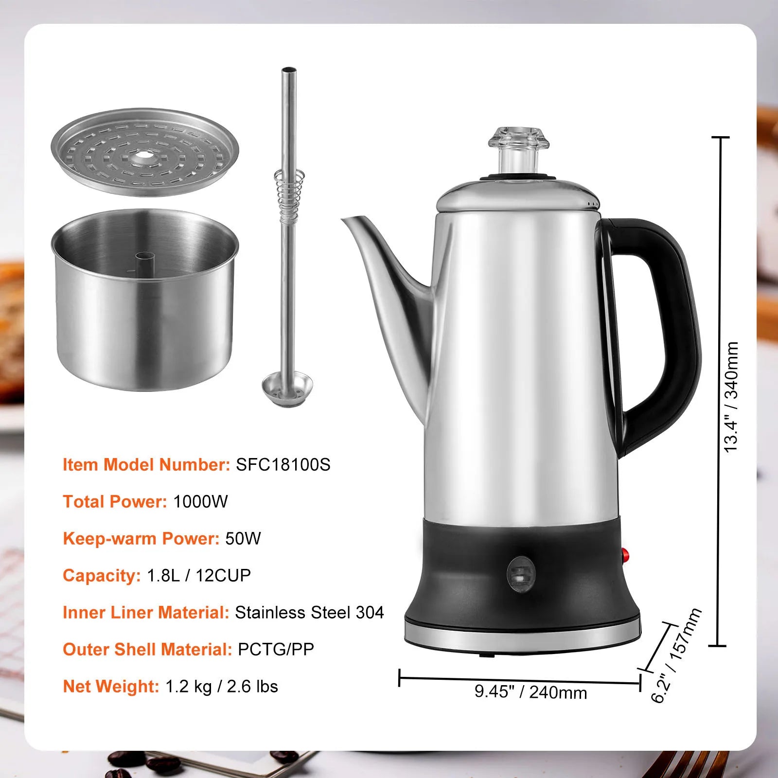 VEVOR 12-Cup Electric Percolator Coffee Pot 304 Stainless Steel Coffee Percolator with Keep Warm Function
